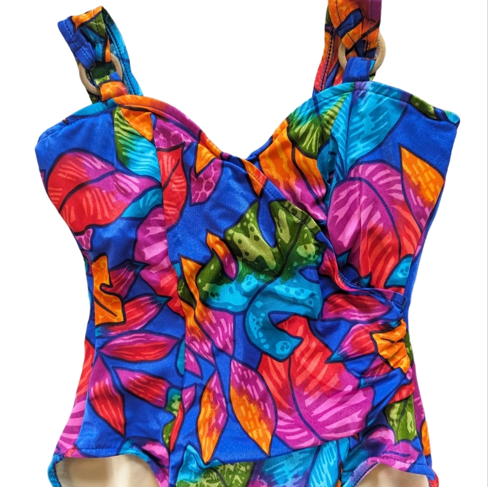 Vintage Slim Suit One Piece Tropical Floral Wood Ring Detail 80s Blue Colorful